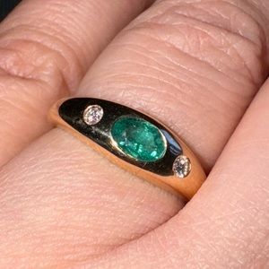 14k gold Zambian emerald natural diamond 3 stone gypsy ring